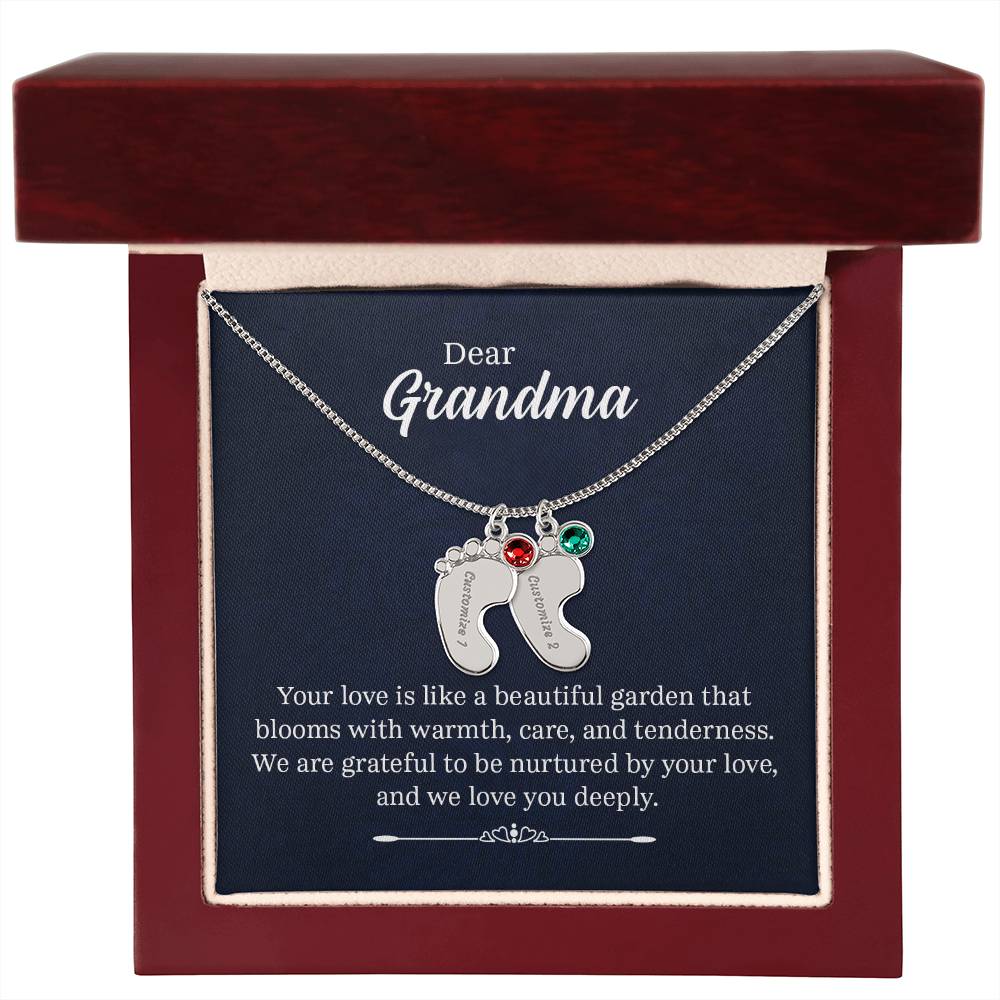 Dear Grandma Beautiful Garden Personalised Baby Feet Birthstone Necklace