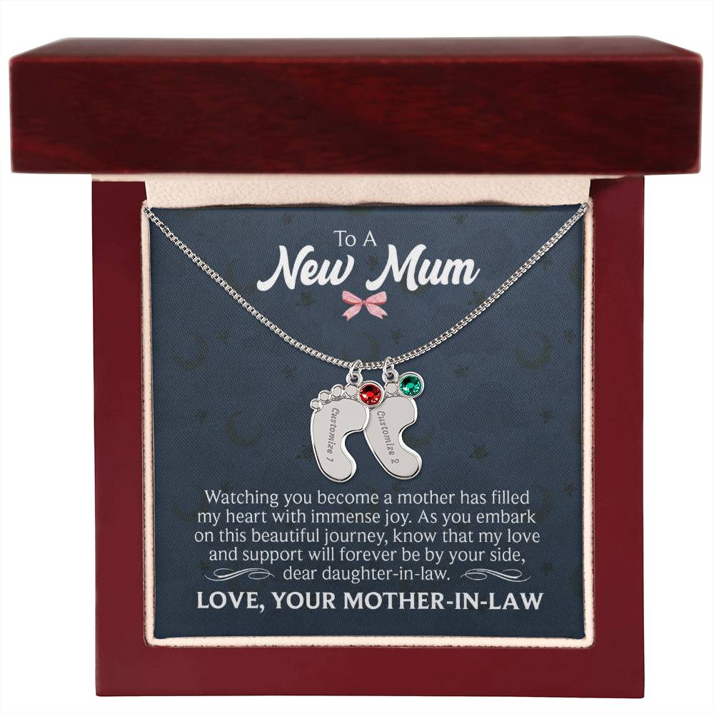To a New Mum From Mother-in-Law Personalised Baby Feet Birthstone Necklace