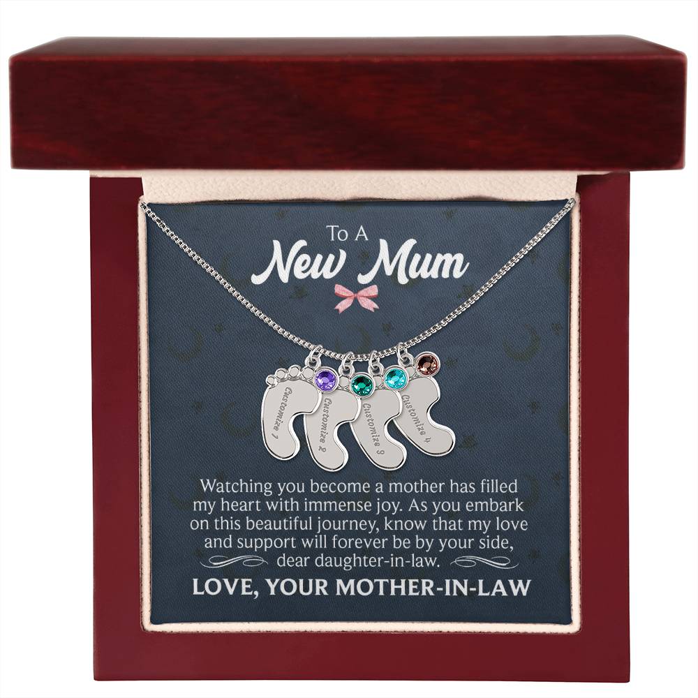 To a New Mum From Mother-in-Law Personalised Baby Feet Birthstone Necklace