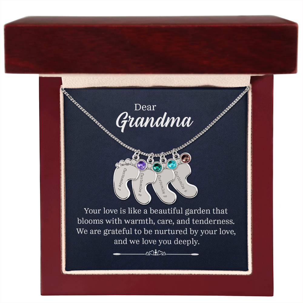 Dear Grandma Beautiful Garden Personalised Baby Feet Birthstone Necklace