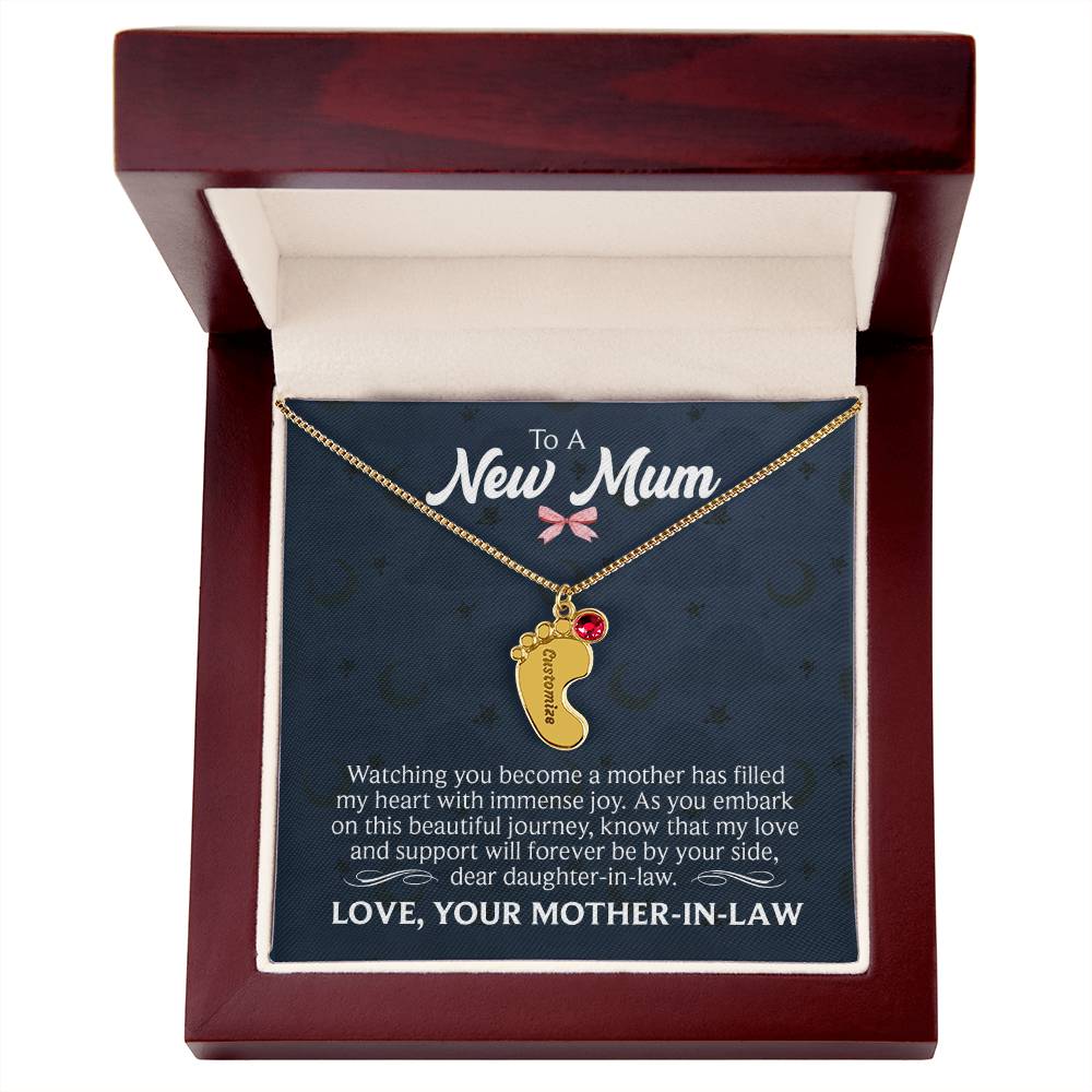 To a New Mum From Mother-in-Law Personalised Baby Feet Birthstone Necklace