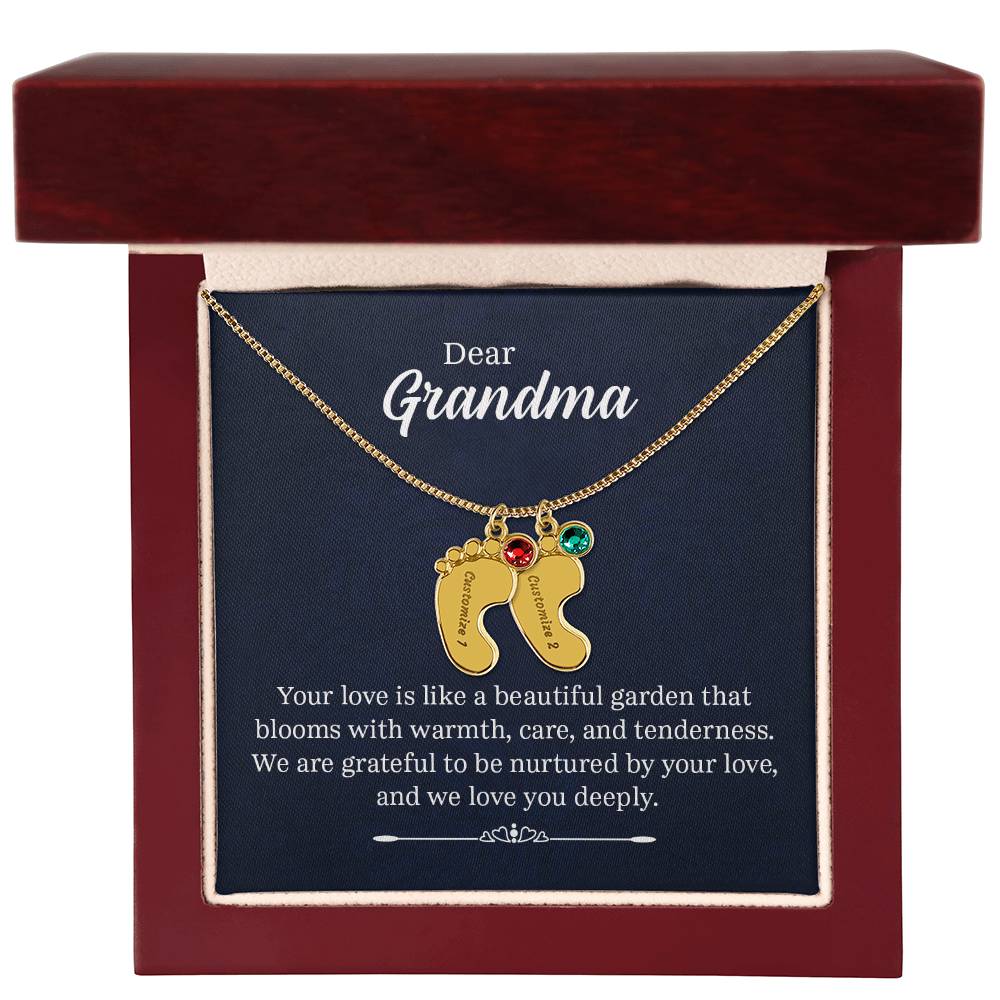 Dear Grandma Beautiful Garden Personalised Baby Feet Birthstone Necklace