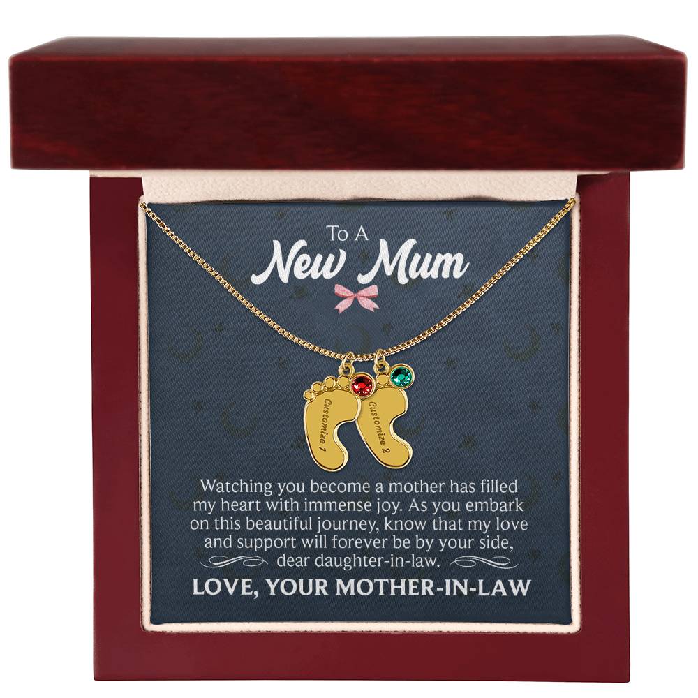 To a New Mum From Mother-in-Law Personalised Baby Feet Birthstone Necklace