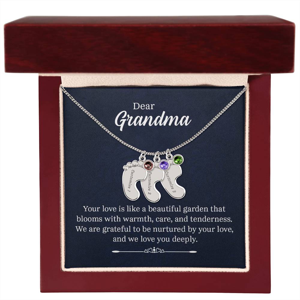 Dear Grandma Beautiful Garden Personalised Baby Feet Birthstone Necklace