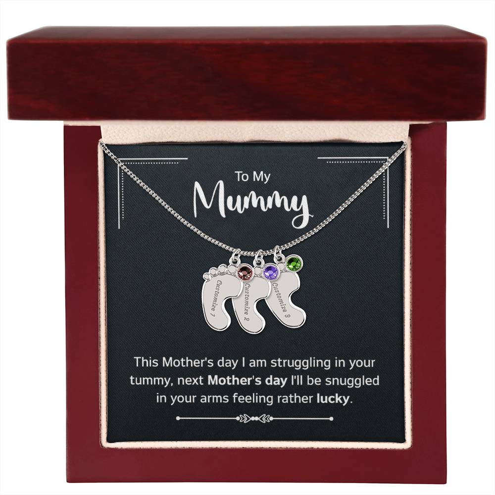To My Mummy Next Mother's Day Personalised Baby Feet Birthstone Necklace