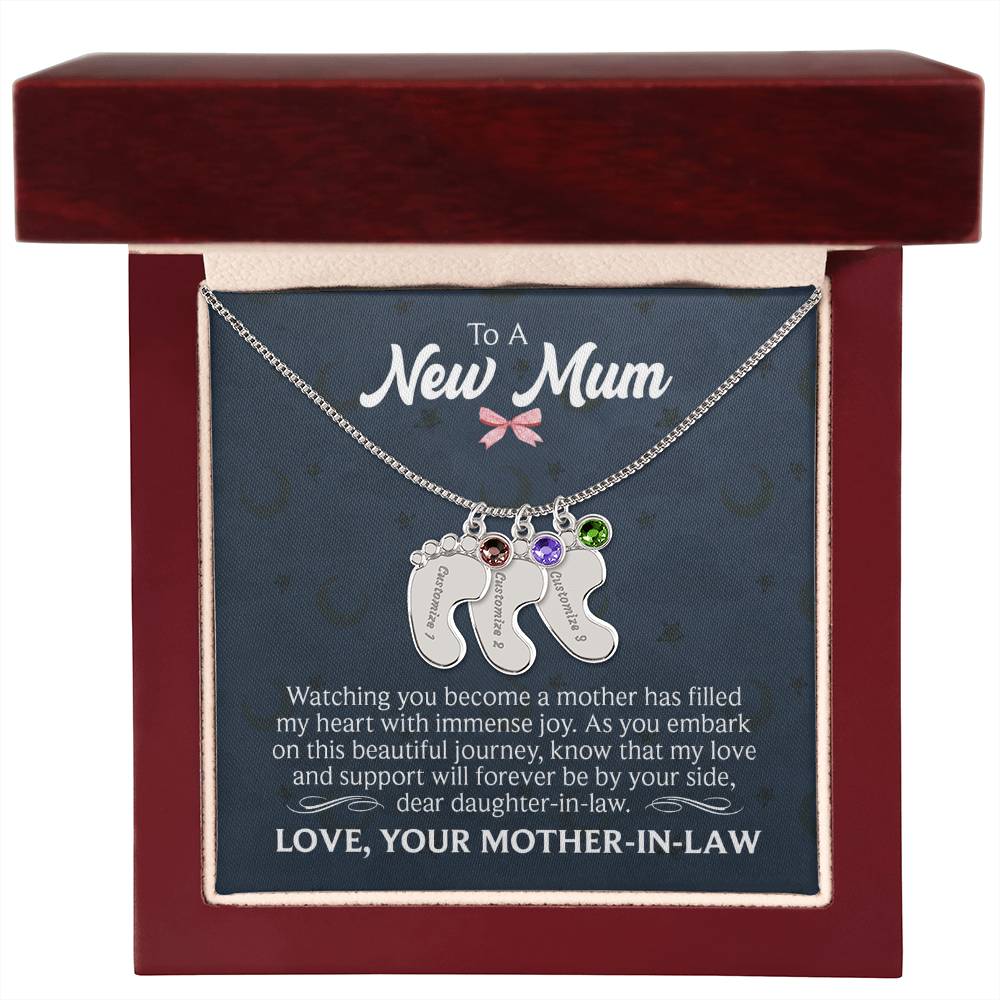To a New Mum From Mother-in-Law Personalised Baby Feet Birthstone Necklace