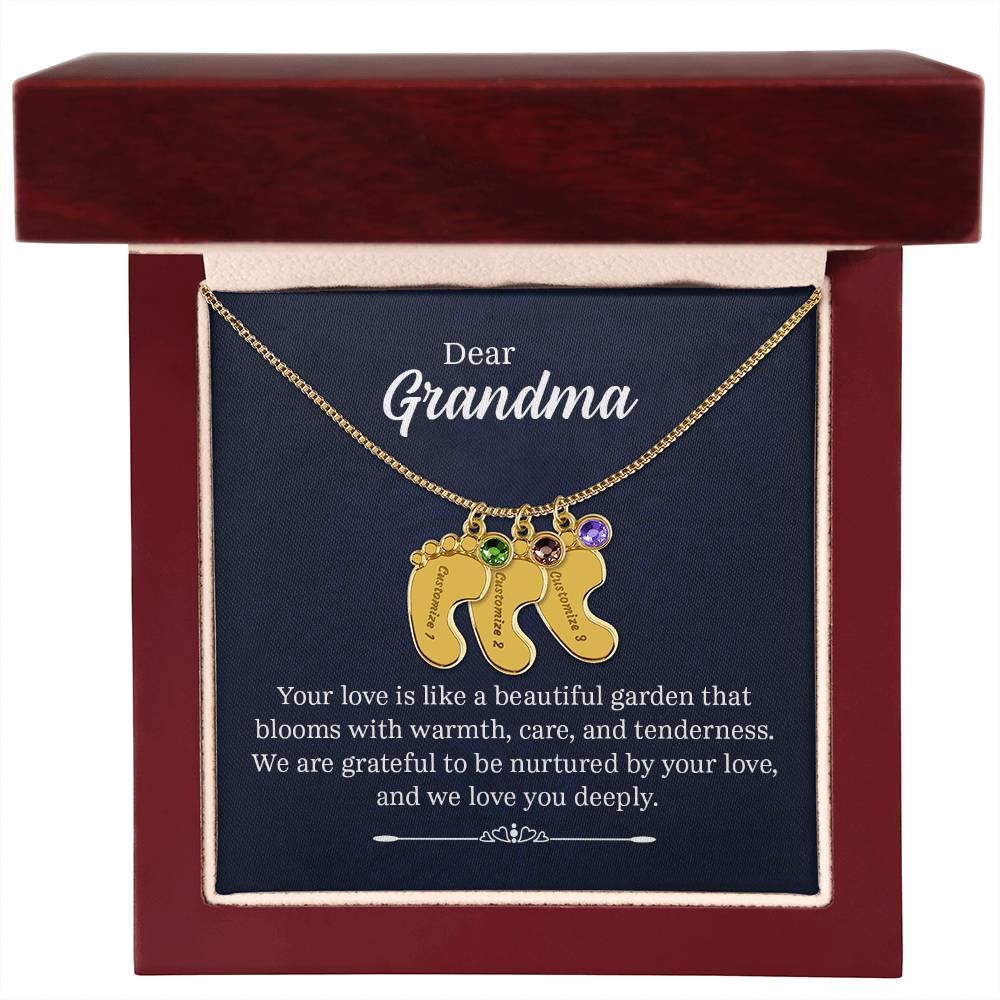 Dear Grandma Beautiful Garden Personalised Baby Feet Birthstone Necklace