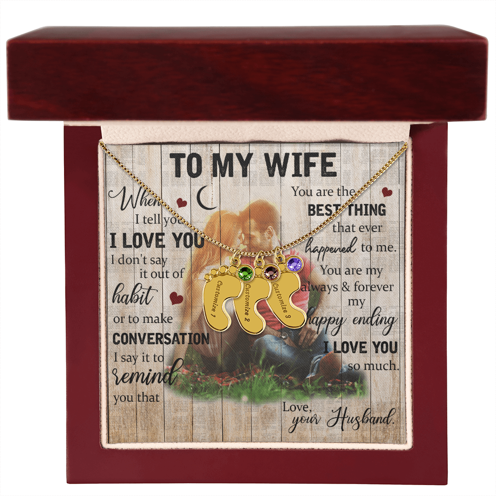 To My Wife Baby Feet Necklace with Birthstone - Engraved