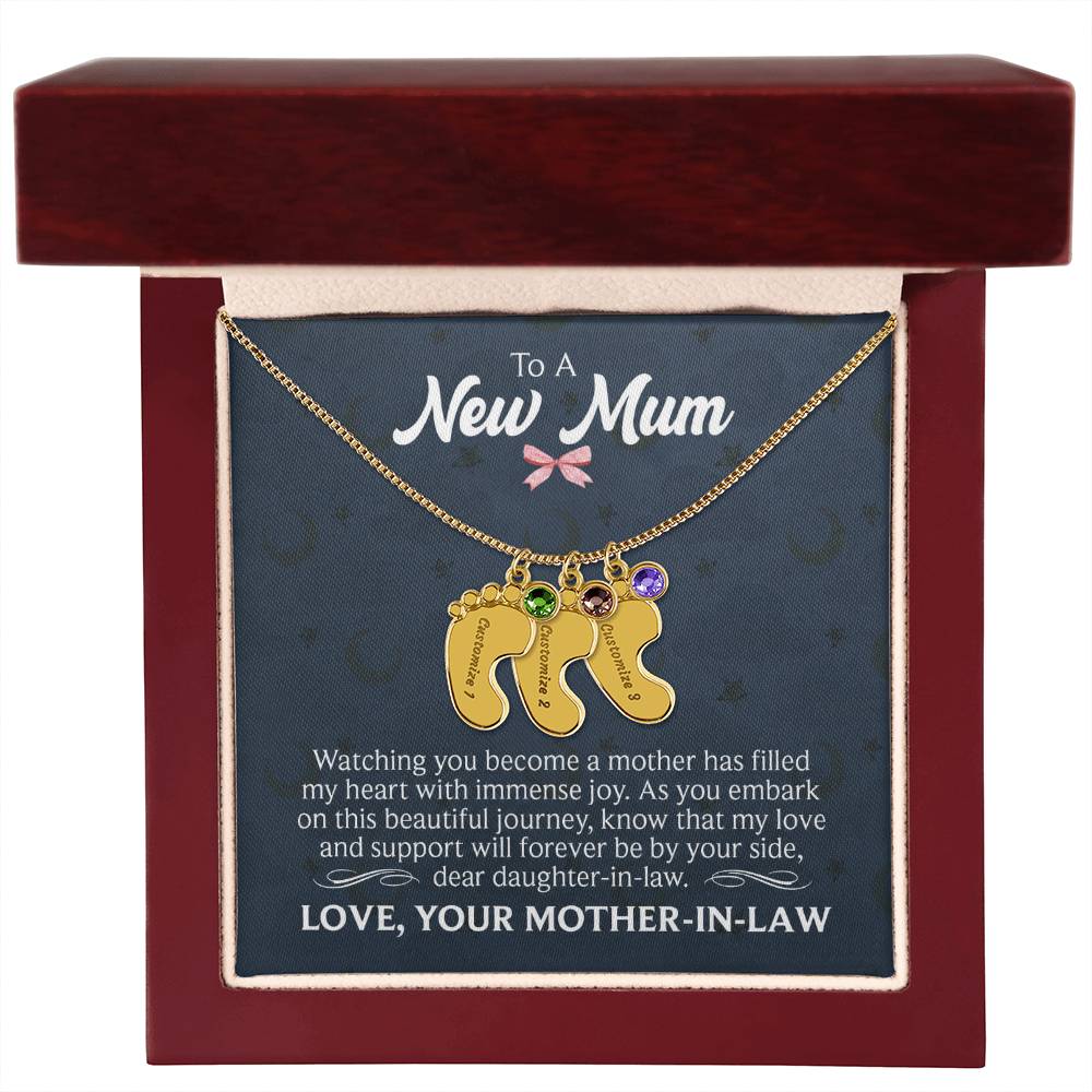 To a New Mum From Mother-in-Law Personalised Baby Feet Birthstone Necklace