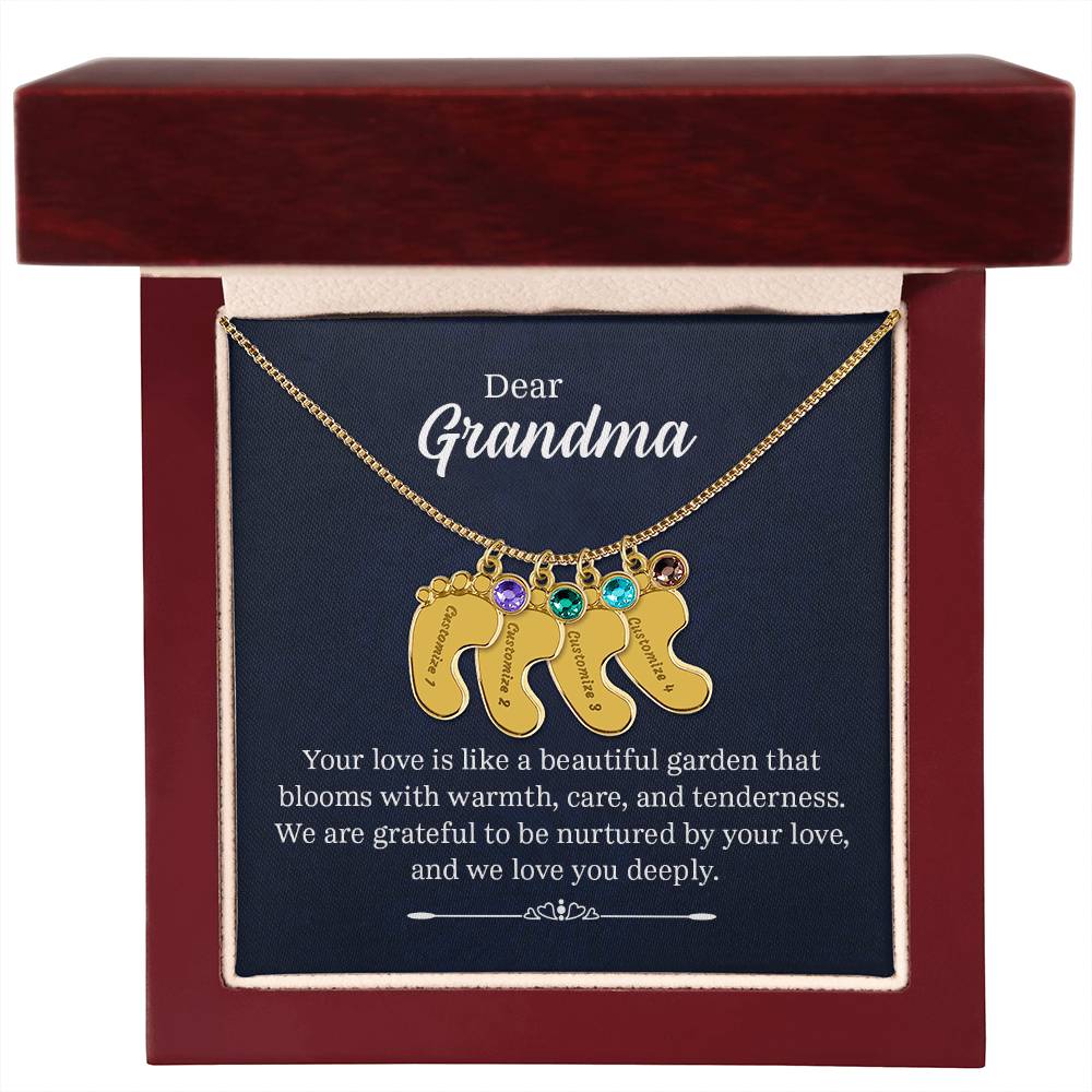 Dear Grandma Beautiful Garden Personalised Baby Feet Birthstone Necklace