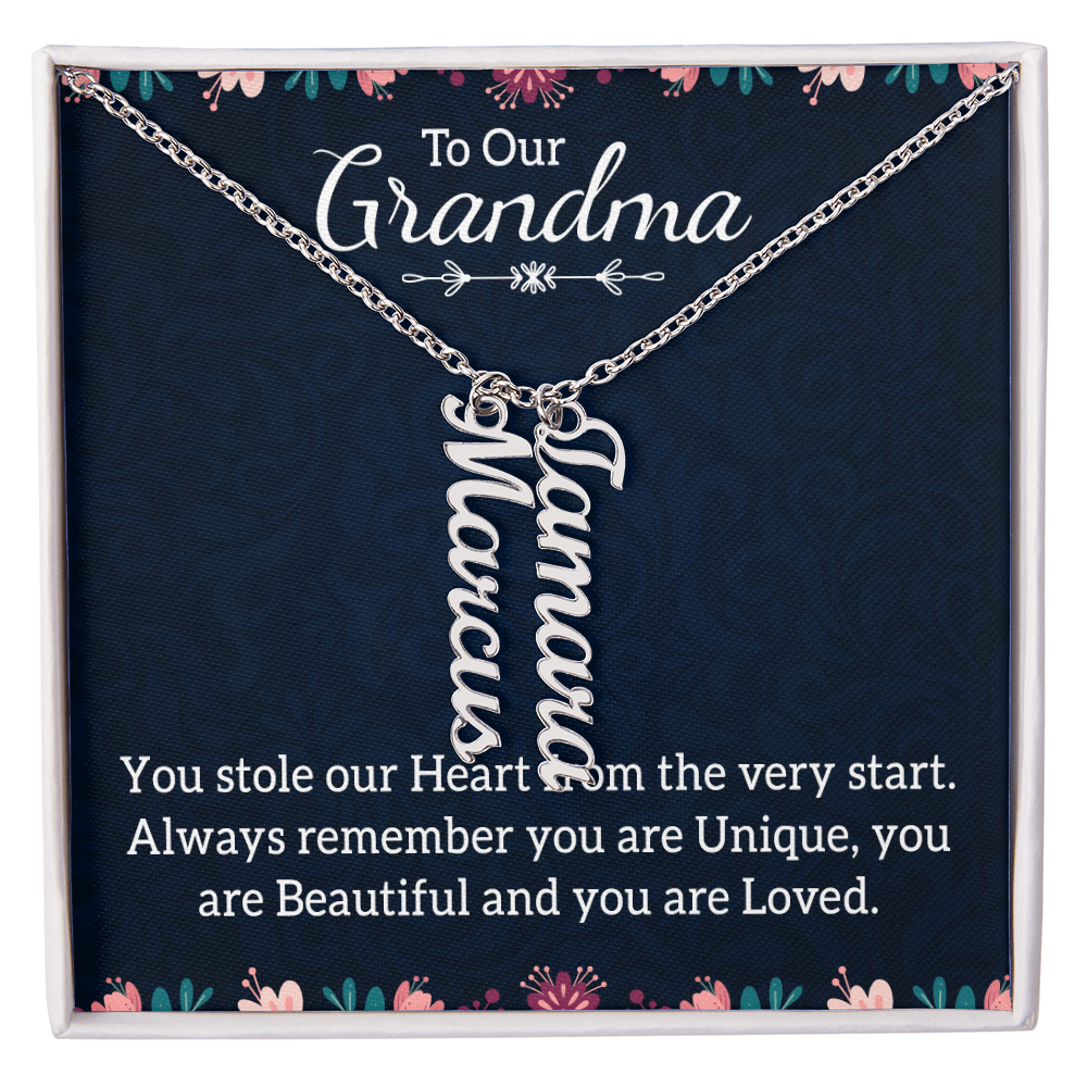 Multi Vertical Name Necklace with Message Card – Design One