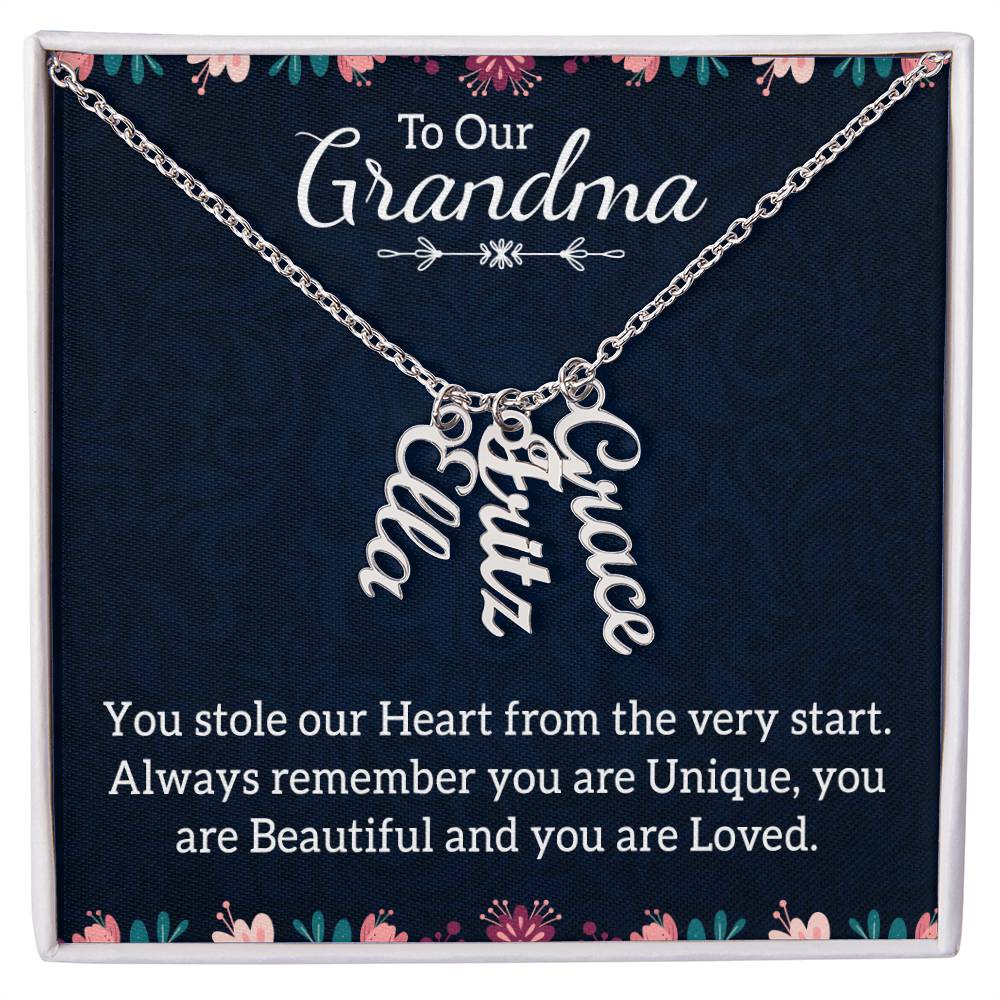 Multi Vertical Name Necklace with Message Card – Design One
