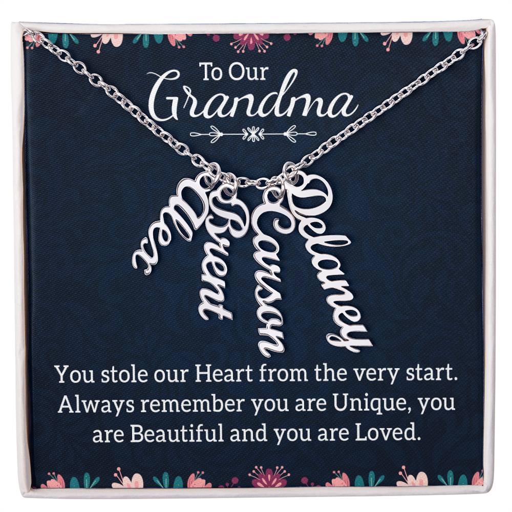 Multi Vertical Name Necklace with Message Card – Design One