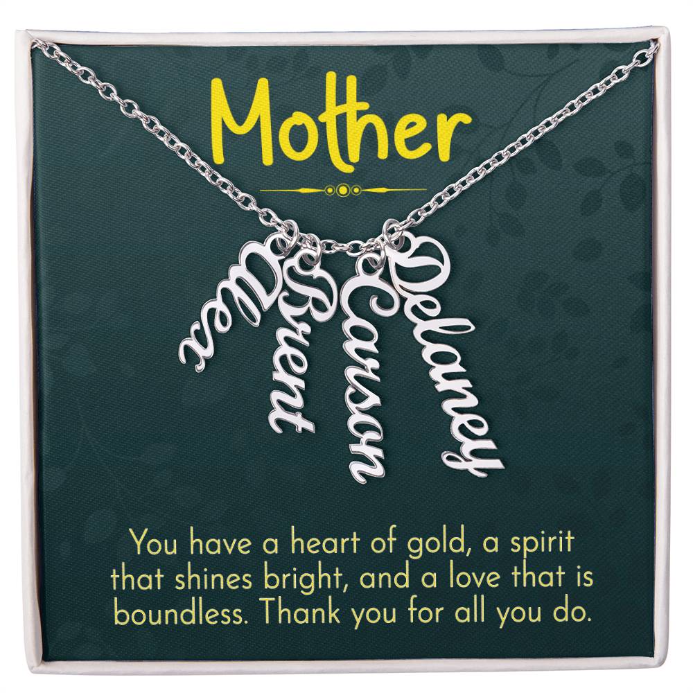 Mother Heart of Gold Multi Vertical Name Necklace