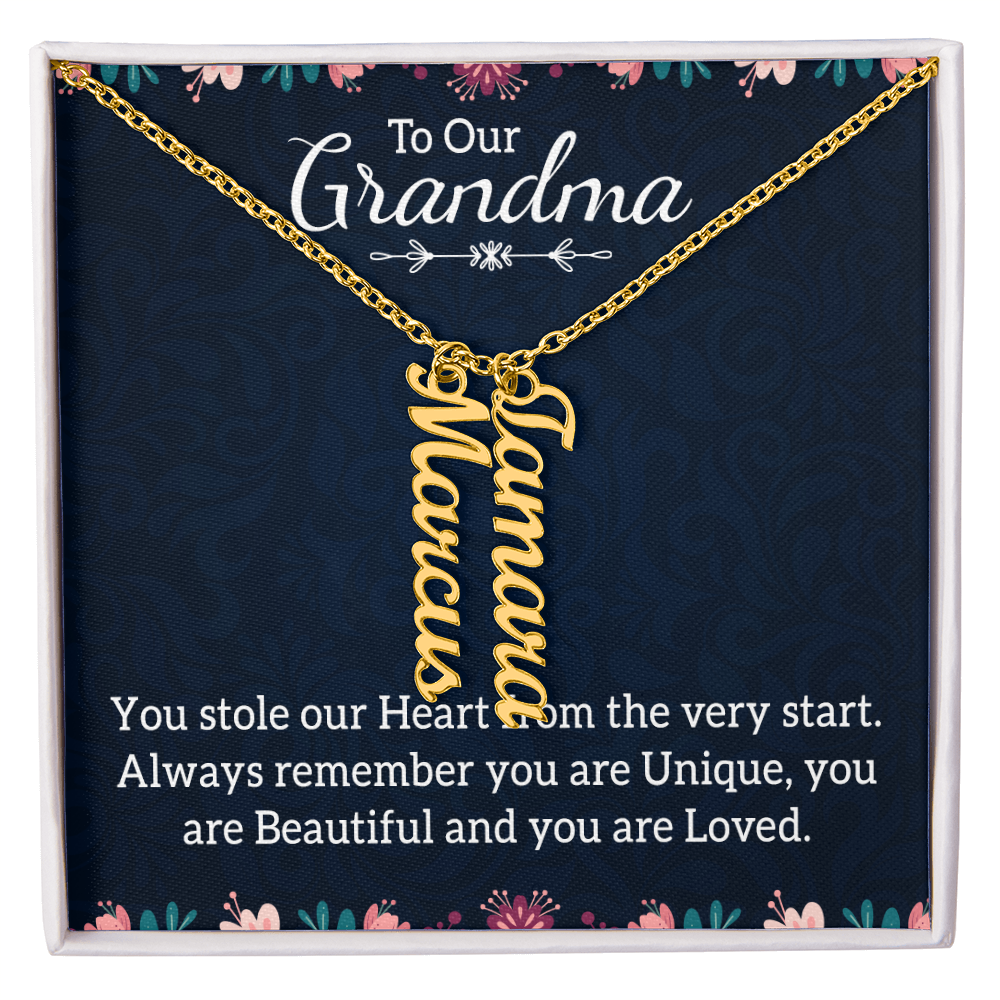Multi Vertical Name Necklace with Message Card – Design One