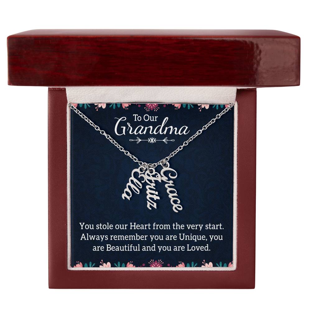 Multi Vertical Name Necklace with Message Card – Design One