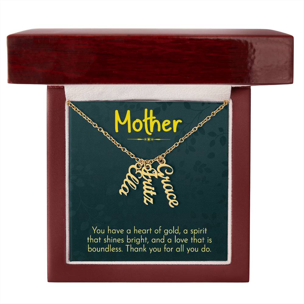 Mother Heart of Gold Multi Vertical Name Necklace