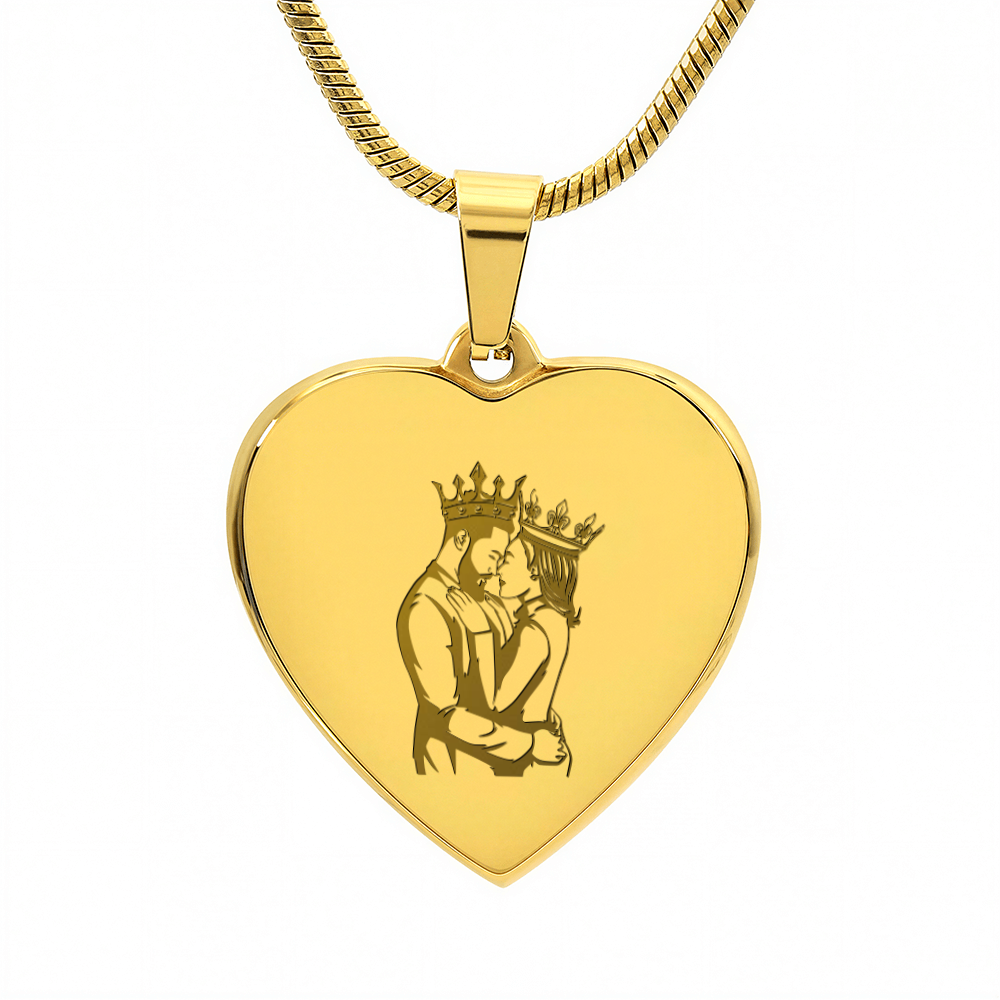 King and Queen Couple Engraved Heart Necklace
