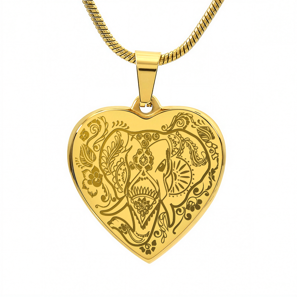 Ornate Elephant Engraved Heart Necklace