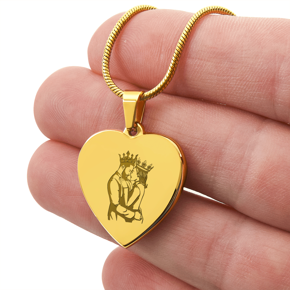 King and Queen Couple Engraved Heart Necklace