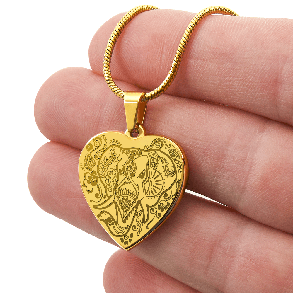 Ornate Elephant Engraved Heart Necklace