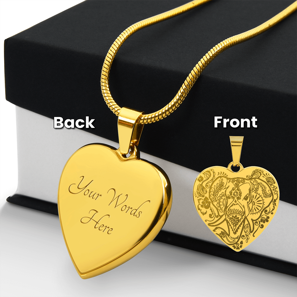 Ornate Elephant Engraved Heart Necklace