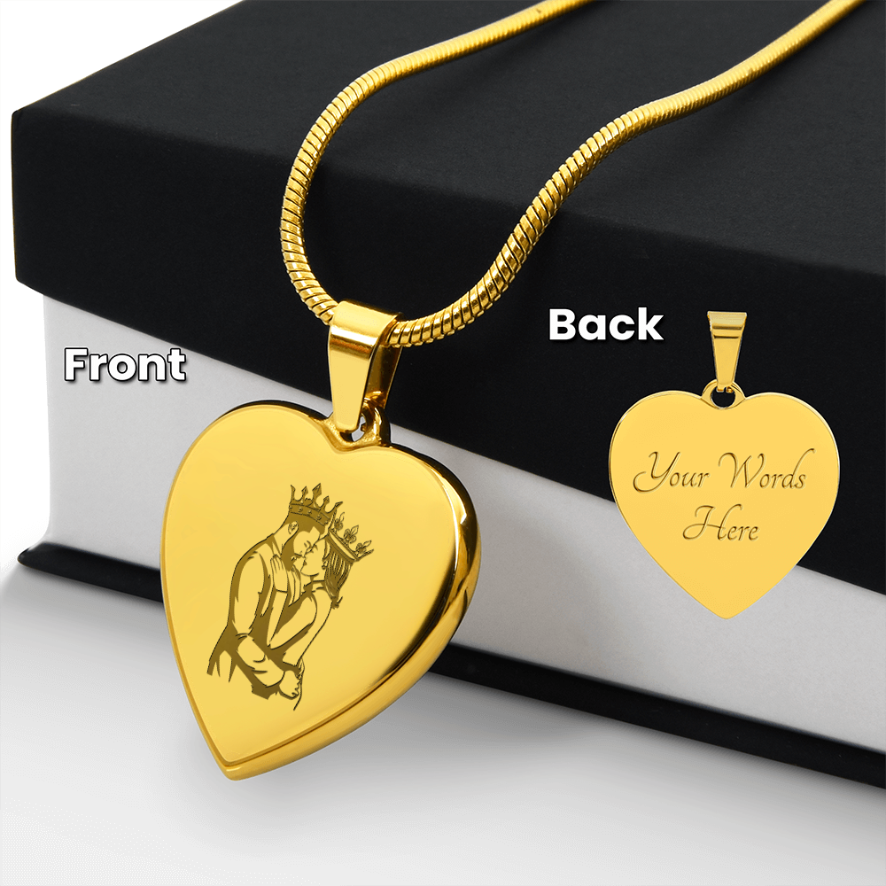 King and Queen Couple Engraved Heart Necklace