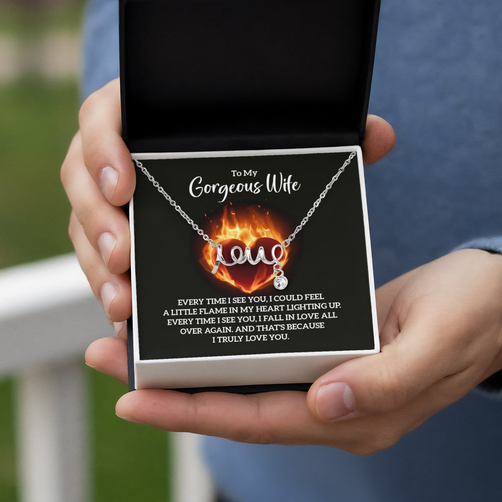 To My Gorgeous Wife Flame in My Heart Scripted Love Necklace