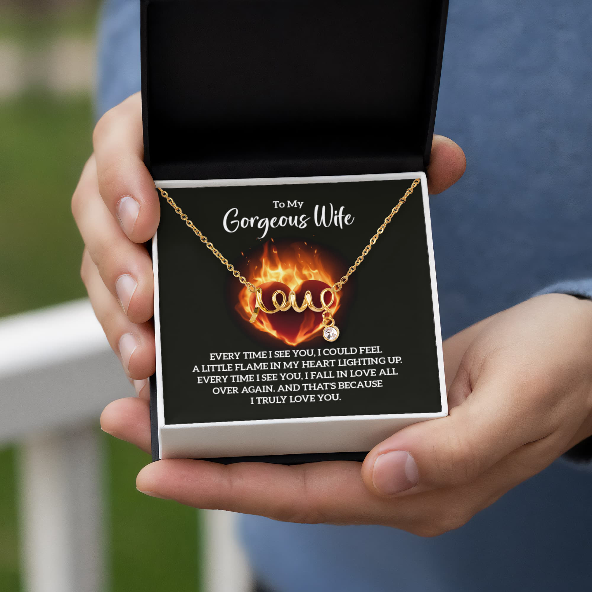 To My Gorgeous Wife Flame in My Heart Scripted Love Necklace