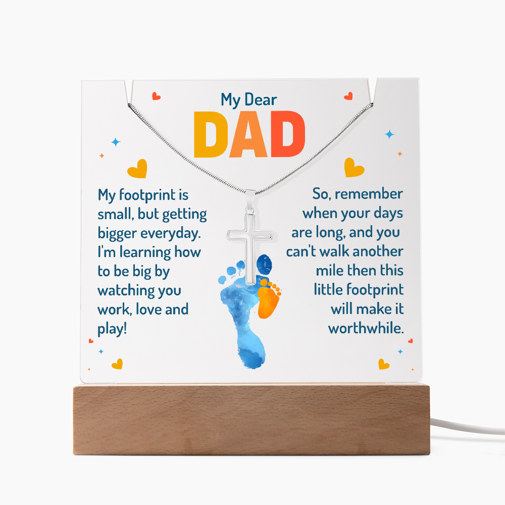 My Dear Dad Little Footprint Keepsake Acrylic & Stainless Steel Cross Necklace Bundle