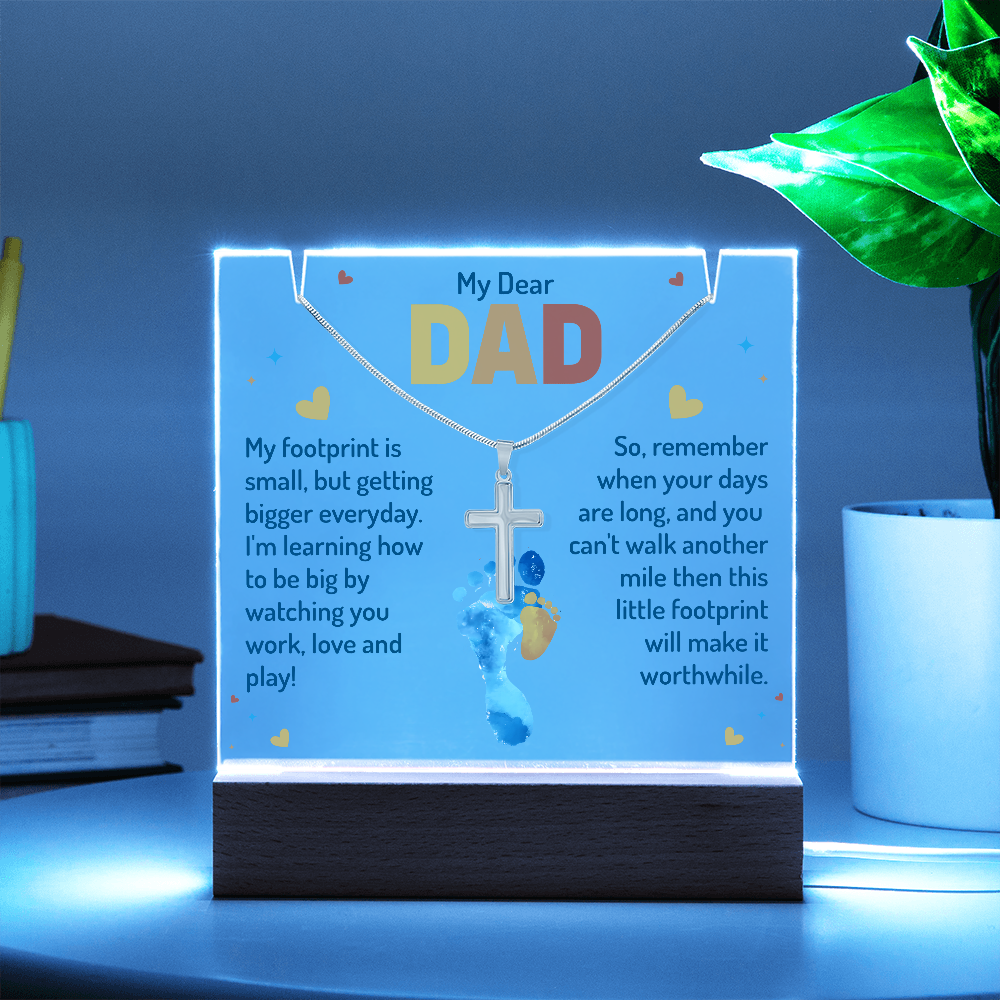My Dear Dad Little Footprint Keepsake Acrylic & Stainless Steel Cross Necklace Bundle
