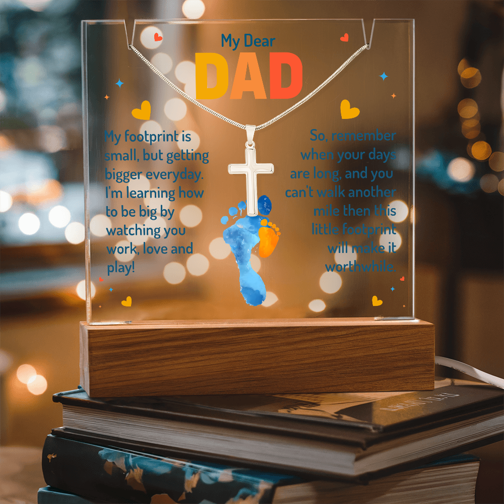 My Dear Dad Little Footprint Keepsake Acrylic & Stainless Steel Cross Necklace Bundle