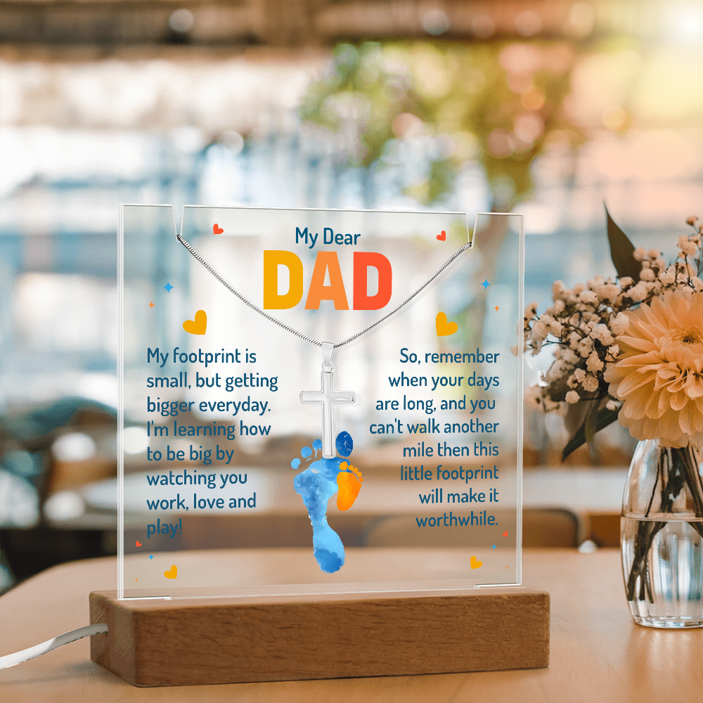 My Dear Dad Little Footprint Keepsake Acrylic & Stainless Steel Cross Necklace Bundle