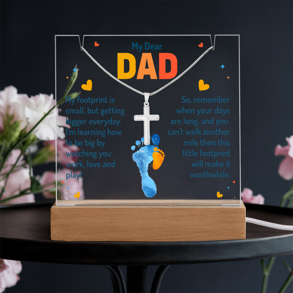 My Dear Dad Little Footprint Keepsake Acrylic & Stainless Steel Cross Necklace Bundle