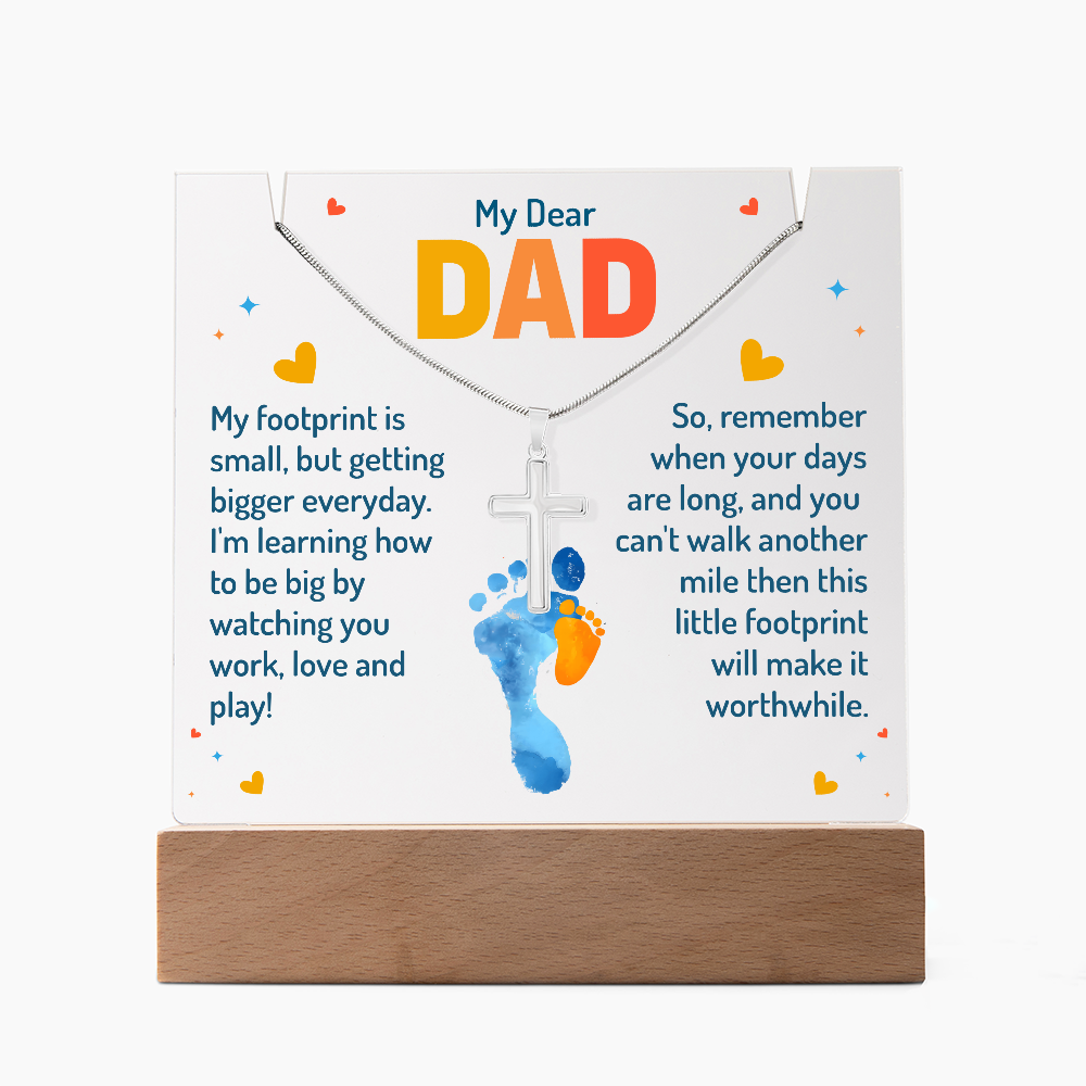My Dear Dad Little Footprint Keepsake Acrylic & Stainless Steel Cross Necklace Bundle