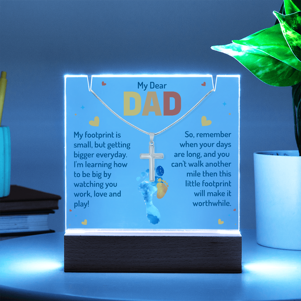 My Dear Dad Little Footprint Keepsake Acrylic & Stainless Steel Cross Necklace Bundle