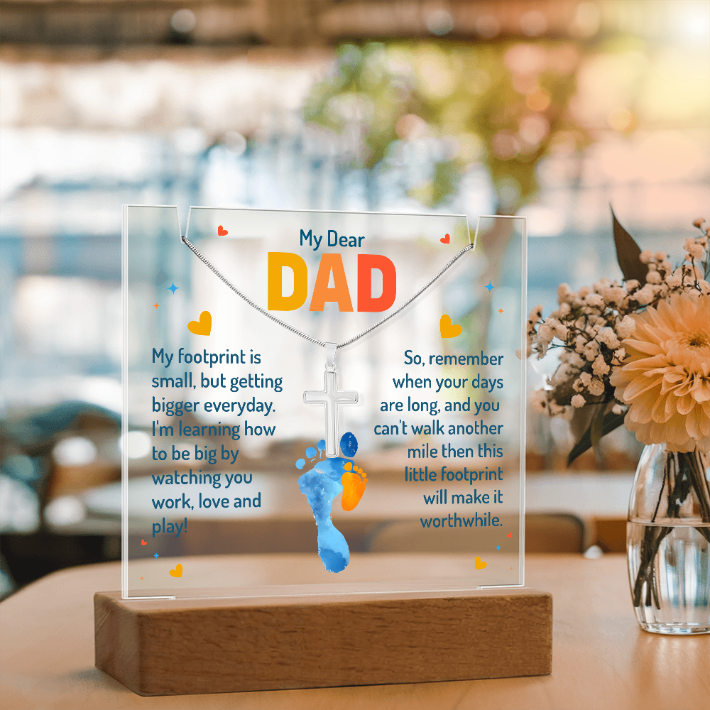 My Dear Dad Little Footprint Keepsake Acrylic & Stainless Steel Cross Necklace Bundle