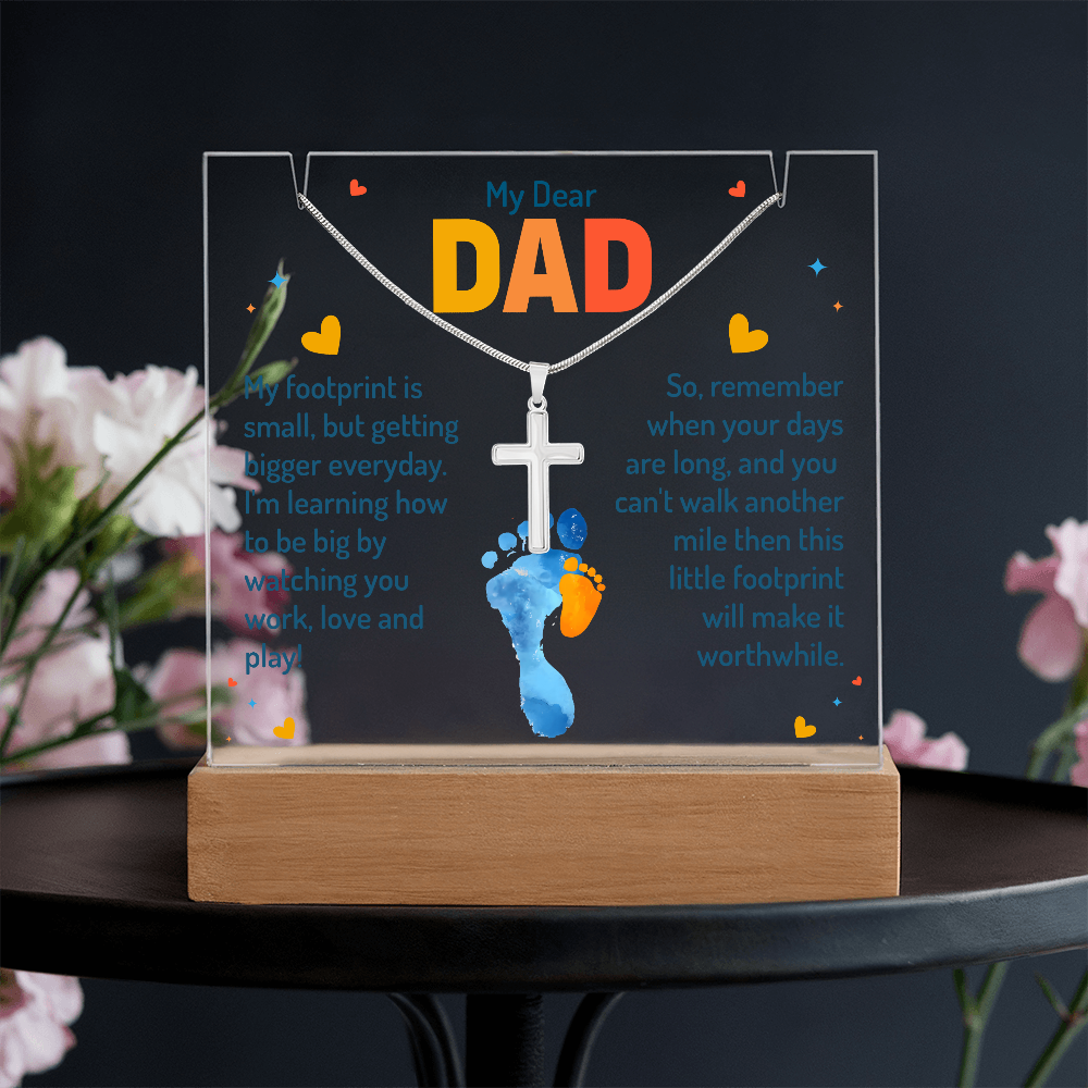 My Dear Dad Little Footprint Keepsake Acrylic & Stainless Steel Cross Necklace Bundle