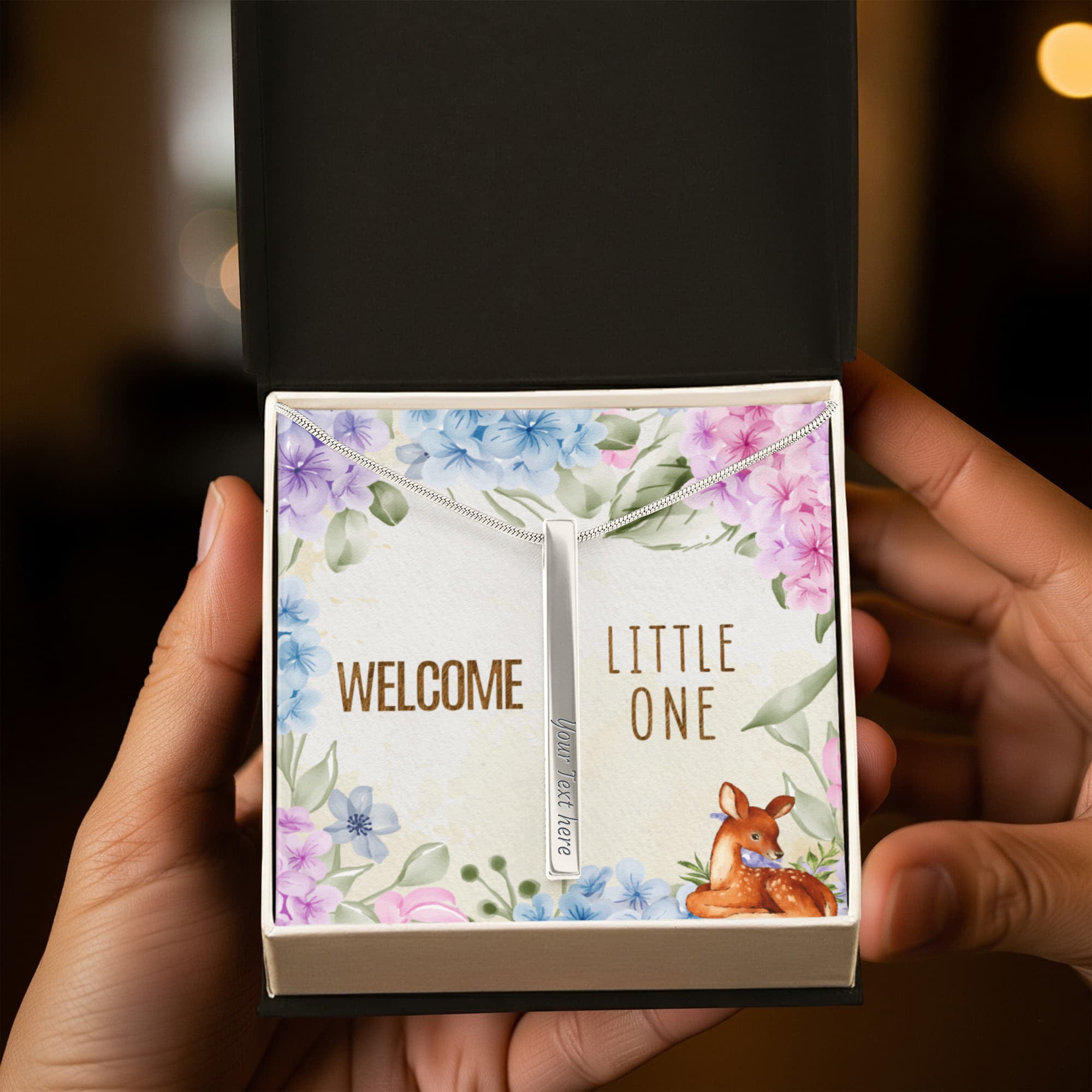 Welcome Little One Personalised 4-Sided Engraved Stick Necklace