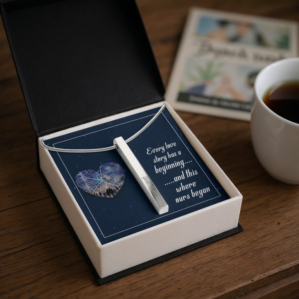 Where Our Love Story Began 4-Sided Engraved Stick Necklace
