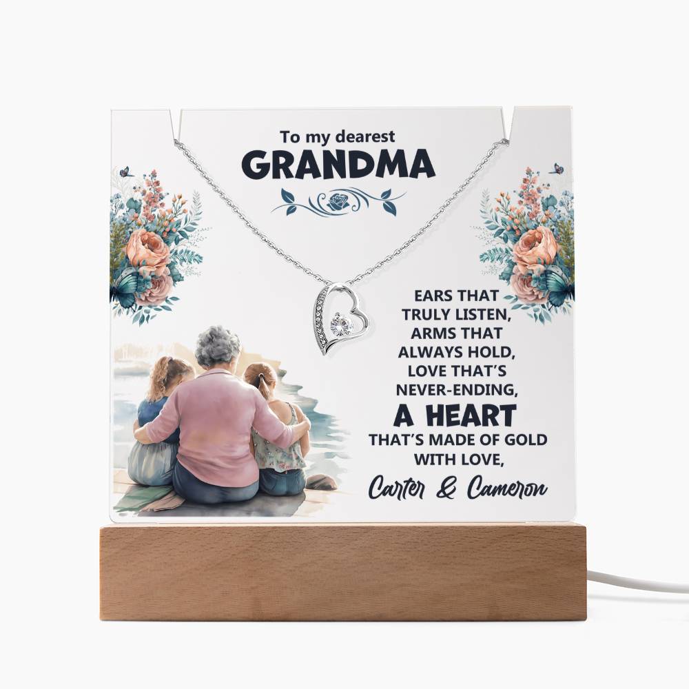 To My Dearest Grandma Heart of Gold Keepsake Acrylic & Forever Love Necklace