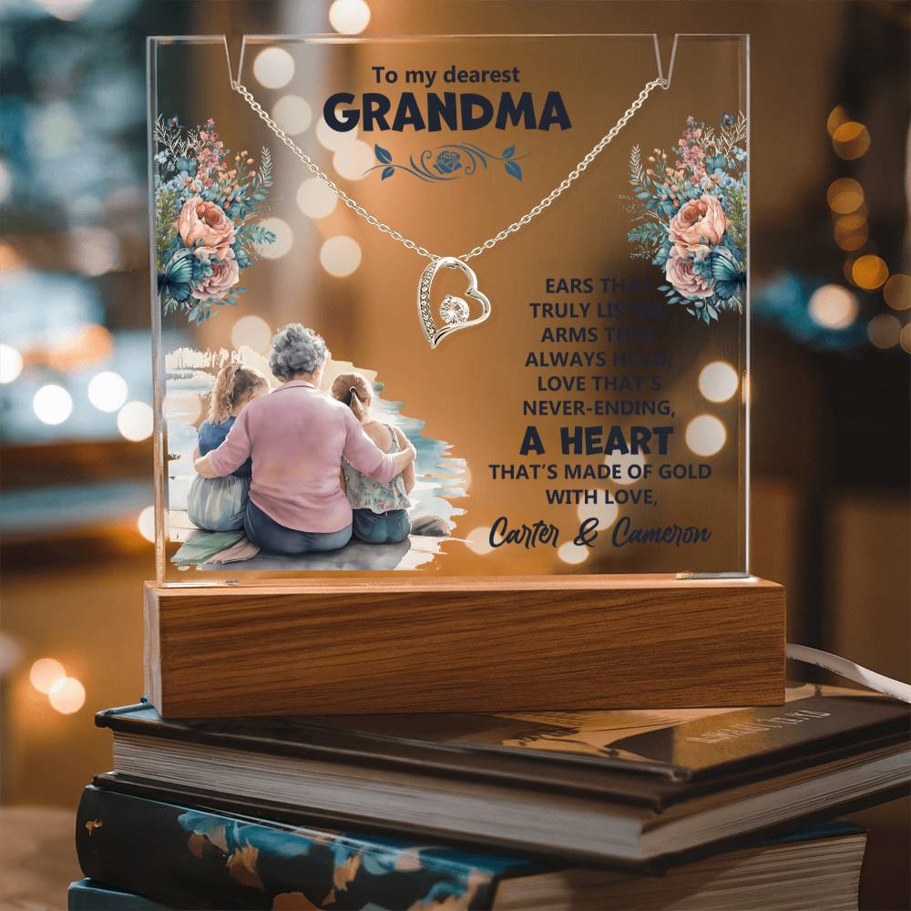 To My Dearest Grandma Heart of Gold Keepsake Acrylic & Forever Love Necklace