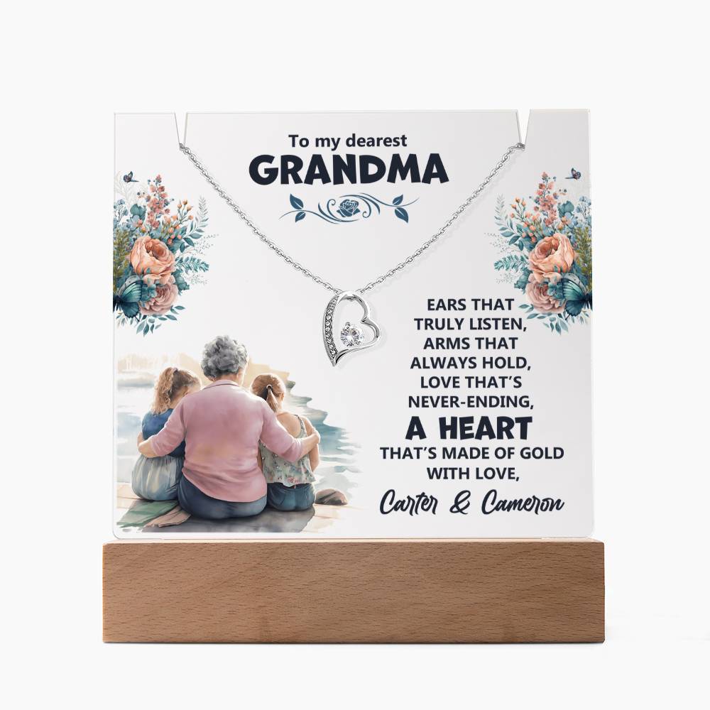 To My Dearest Grandma Heart of Gold Keepsake Acrylic & Forever Love Necklace