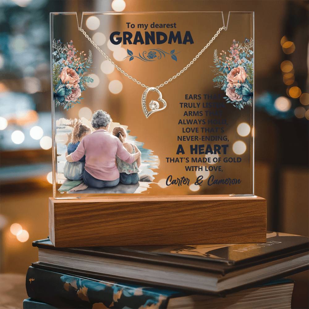 To My Dearest Grandma Heart of Gold Keepsake Acrylic & Forever Love Necklace