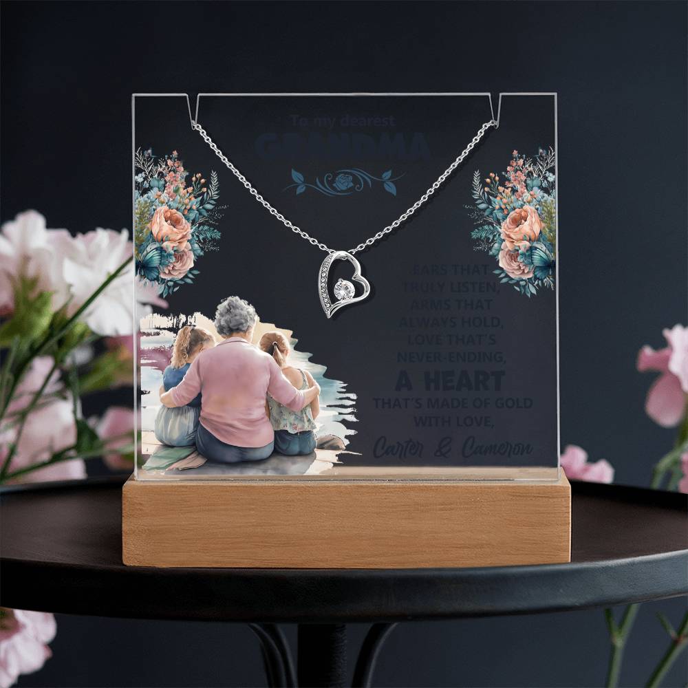 To My Dearest Grandma Heart of Gold Keepsake Acrylic & Forever Love Necklace