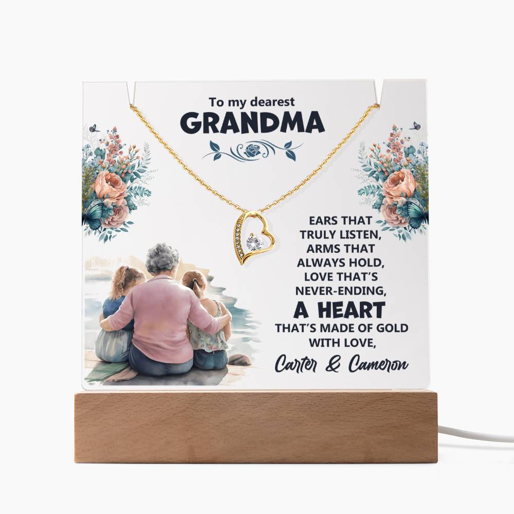 To My Dearest Grandma Heart of Gold Keepsake Acrylic & Forever Love Necklace