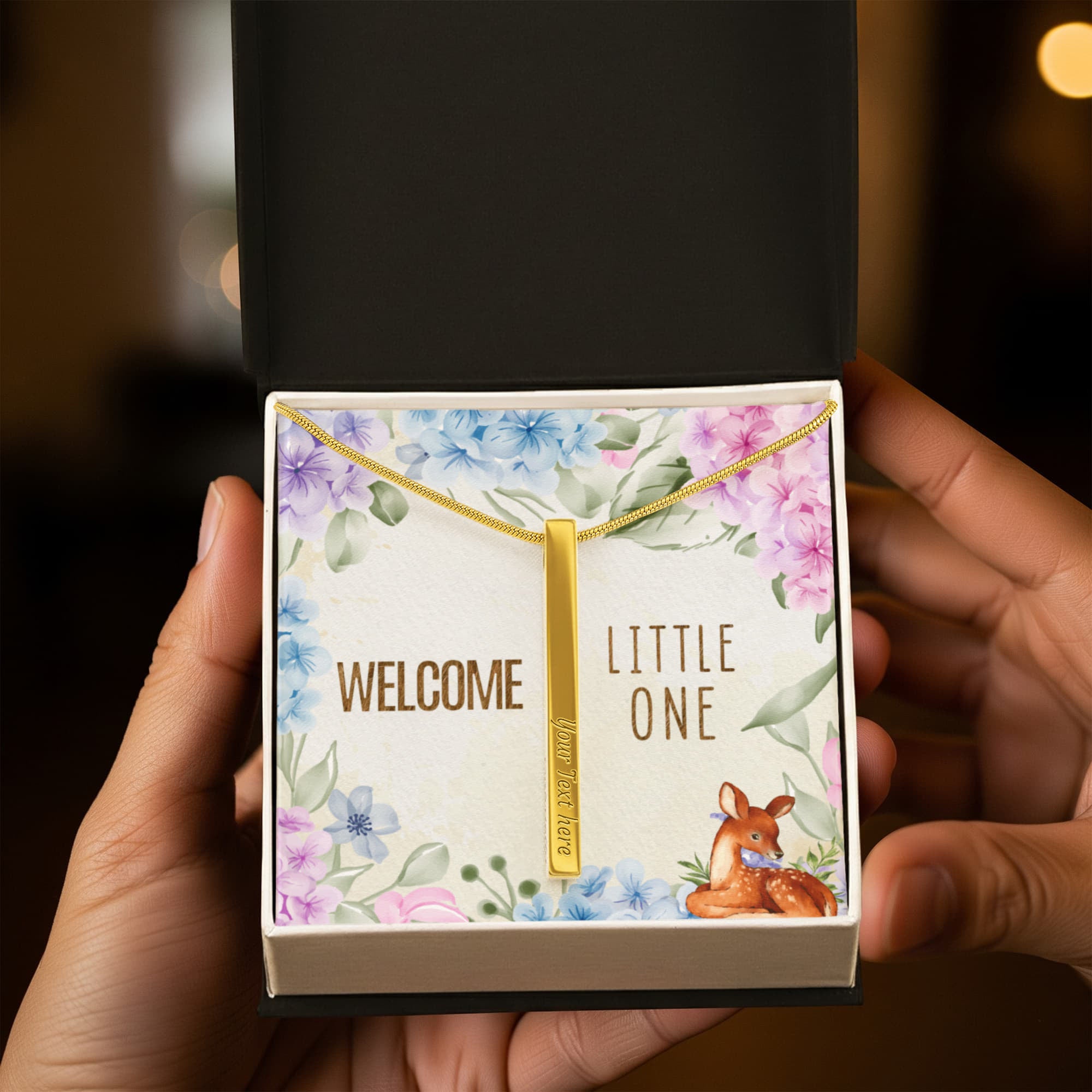 Welcome Little One Personalised 4-Sided Engraved Stick Necklace