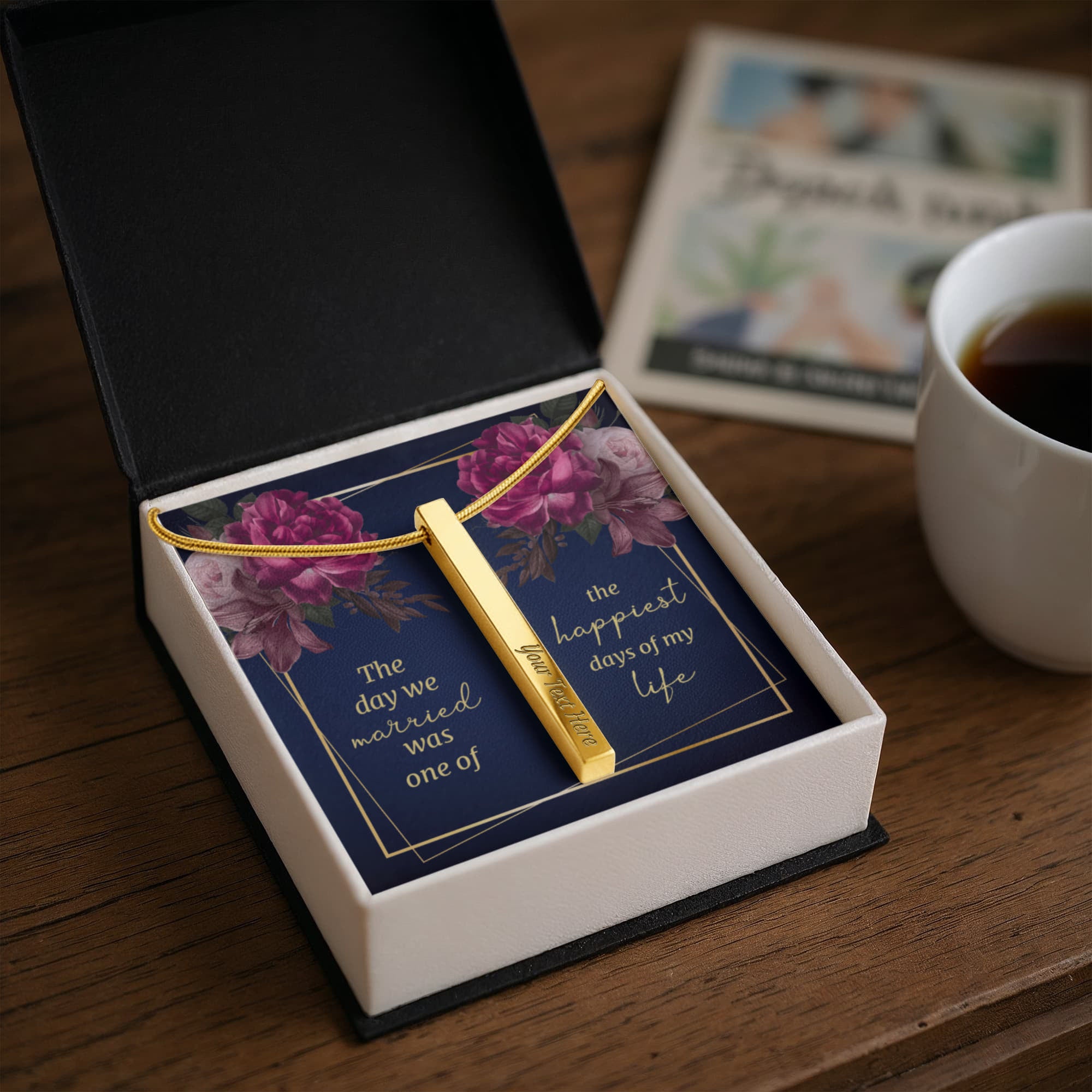 The Day We Married 4-Sided Engraved Stick Necklace