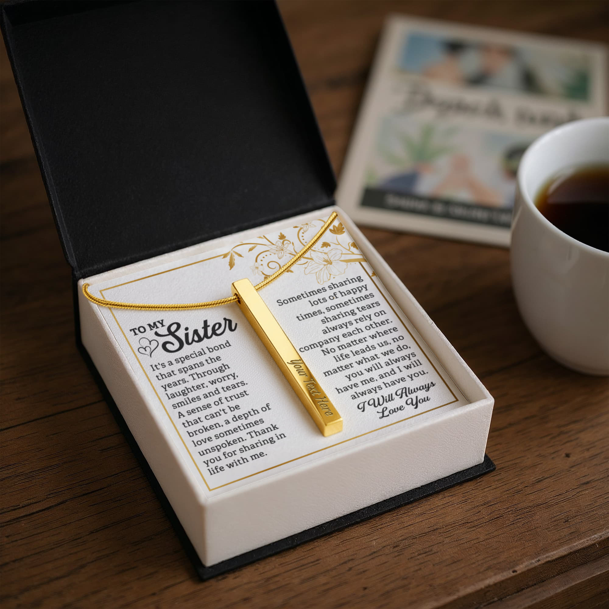 To My Sister Always Love You 4-Sided Engraved Stick Necklace