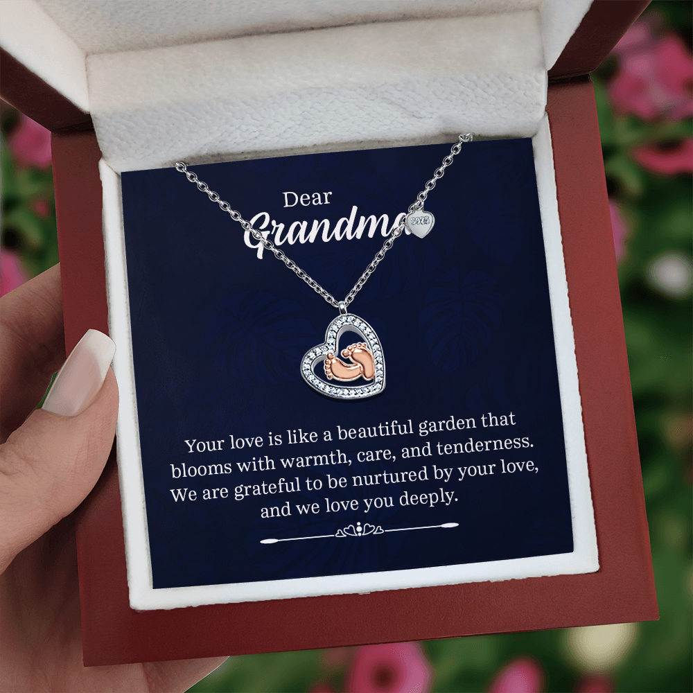 Dear Grandma Beautiful Garden Baby Feet Heart Necklace